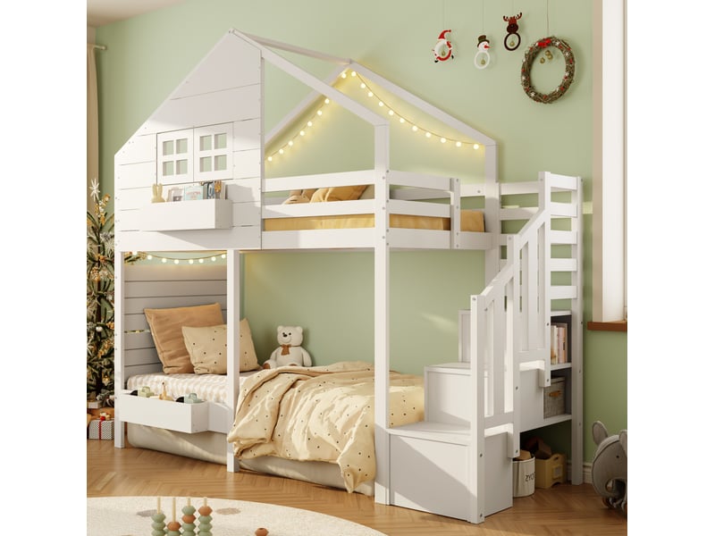  Lit superposé enfant 90x200 cm – blanc – escalier de rangement, fenêtre et espace de jeu avec sommier  - Conforama B