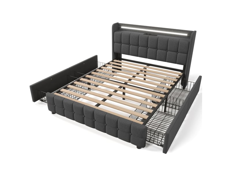 Lit double capitonné 180 x 200cm avec fonction de recharge usb tête de lit et éclairage led et 4 tiroirs, lit coffre cadre de lit - Conforama D