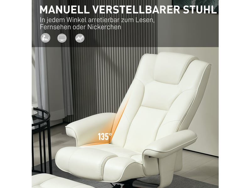  Fauteuil relax avec pouf, 84x84x104 cm, fonction d'inclinaison et de balancement, jusqu'à 150 kg, blanc crème  - Conforama E