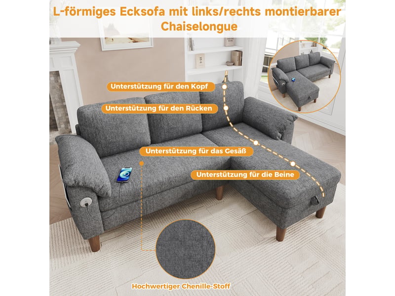  Canapé d'angle réversible 3 places avec coffre tissu chenille gris clair  - Conforama C
