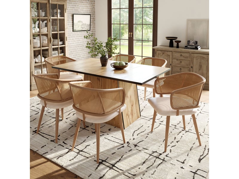  Lot de 6 chaises de salle à manger, 47x51x79 cm,chaises de cuisine rétro pour salon restaurant café, dossier en rotin et assise en velours, beige marron  - Conforama B
