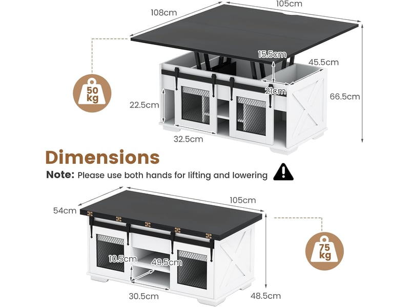  Table basse relevable, 3 compartiments caché, 2 portes coulissantes, table de café industrielmoderne avec plateau relevable, charge 75 kg (noir)  - Conforama D