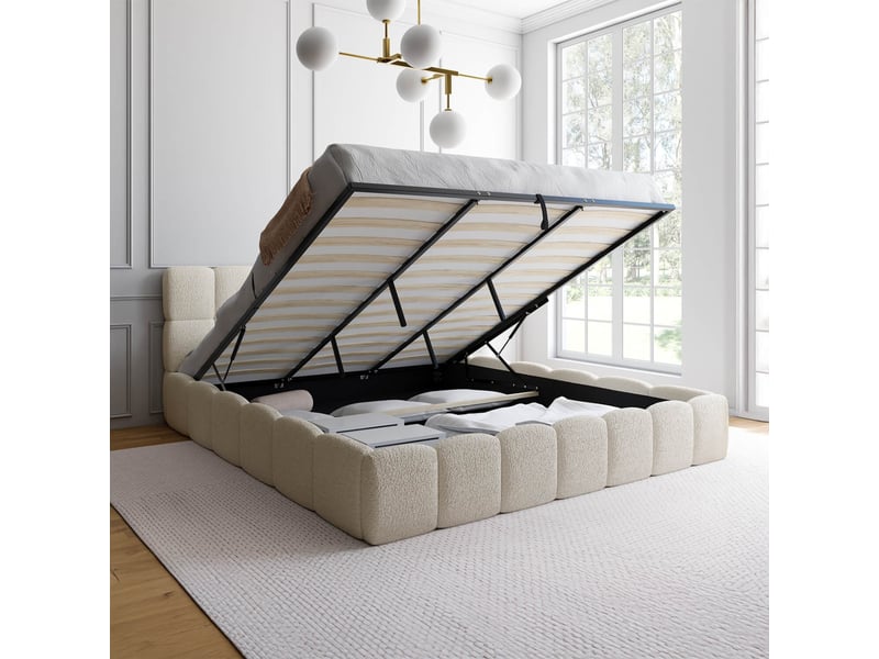  Lit coffre double nuage avec tête de lit matelassée et sommier 180 x 200 cm bouclette blanc  - Conforama B