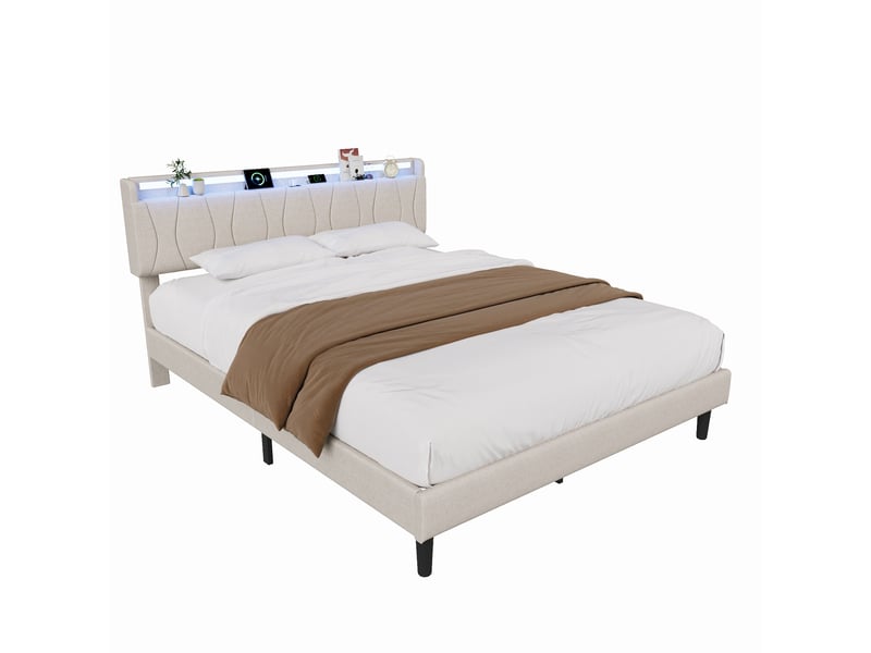 Lit 140x200cm - lit double 140x200 en lin avec tête de lit lumineuse, rangement, prises usbtype-c, éclairage led rgb - beige  - Conforama A
