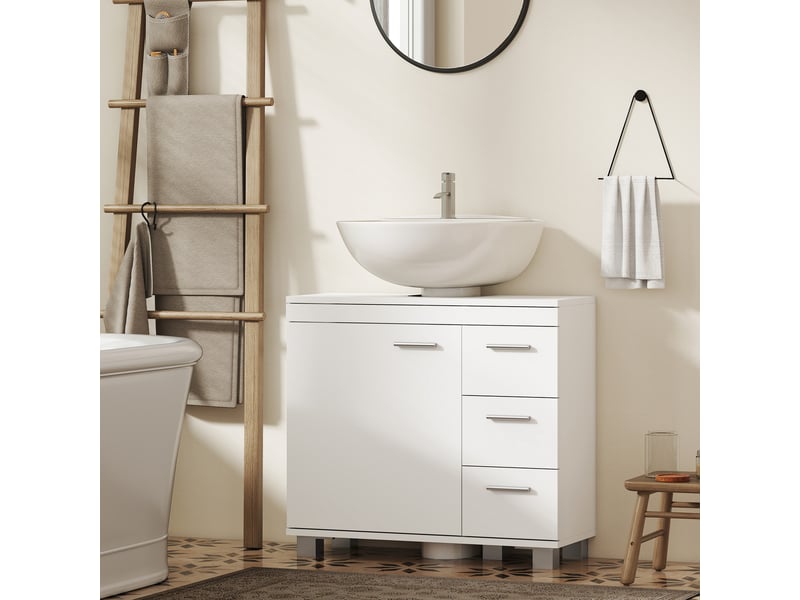 Meuble sous lavabo, meuble de salle de bain avec 3 tiroirs et porte à fermeture amortie, 70 x 30 x 64 cm, blanc  - Conforama D