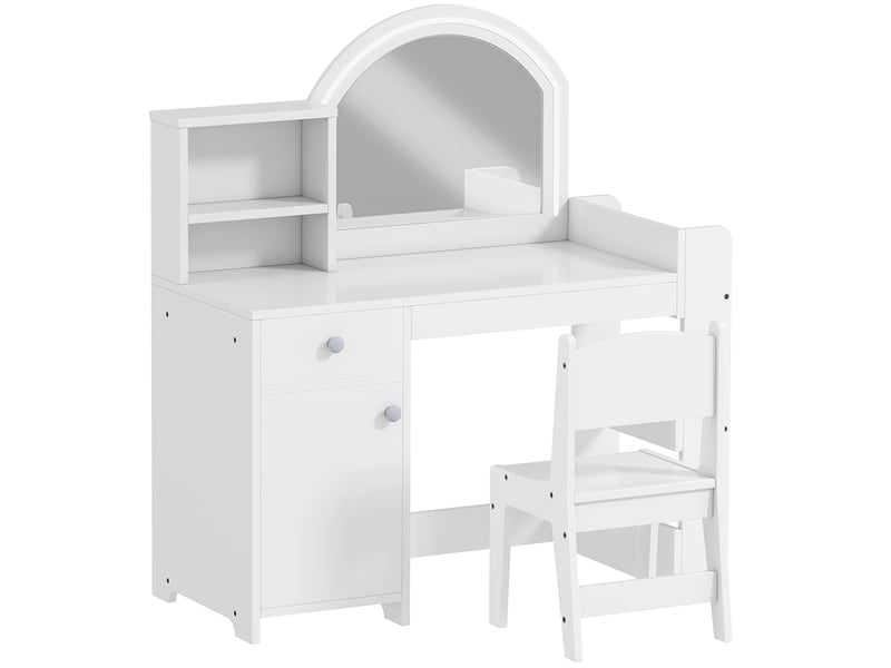  Coiffeuse pour enfants avec tabouret et miroir led, 88,6 x 38,8 x 96,9 cm, table de maquillage pour 3 à 8 ans, blanc  - Conforama B