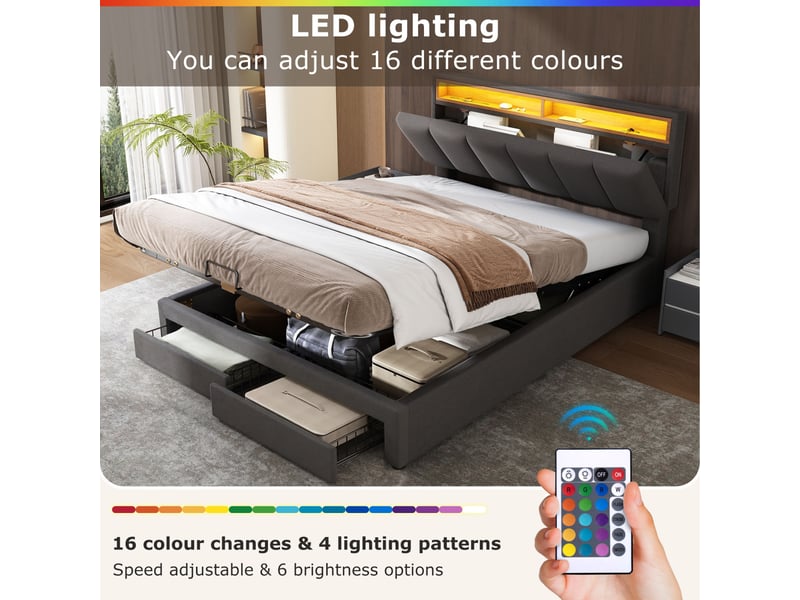  Lit coffre 140x190 avec sommier led, lit double hydraulique avec 2 tiroirs rangement et tête de lit réglable, gris lin  - Conforama E