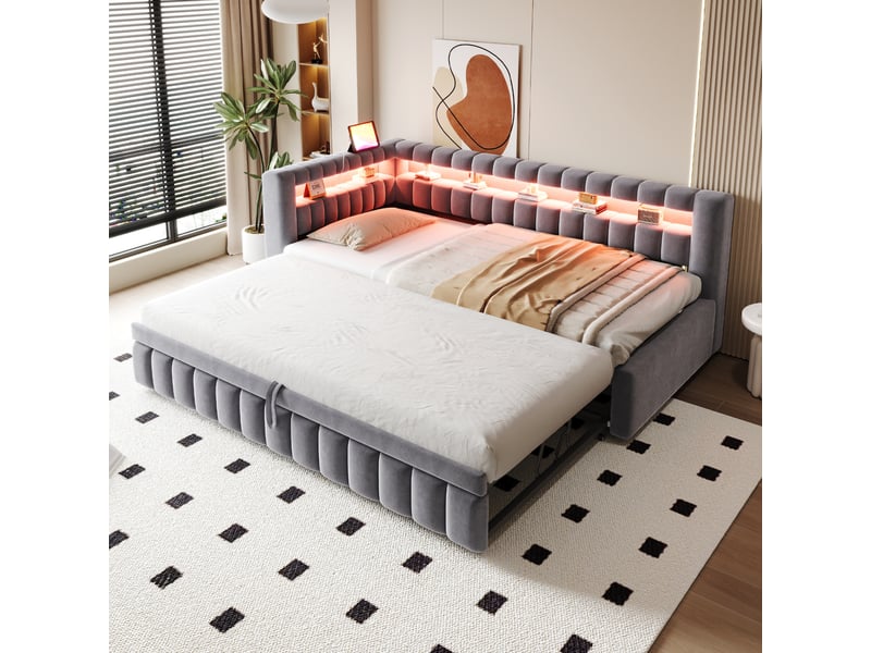  Lit capitonné, lit enfant 90x200 cm, canapé-lit extensible, led, usb, velours gris, réf. 422aae  - Conforama A