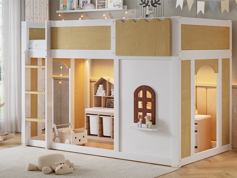  Lit mezzanine en bois 90x200 cm, blanc et bois naturel, avec espace de jeu personnalisable, design avec fenêtres et guirlande lumineuse  - Conforama B