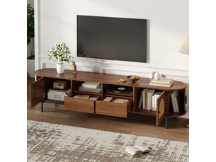 Meuble tv ovale en rotin, meuble de salon avec rangement, 200x40x49.5 cm