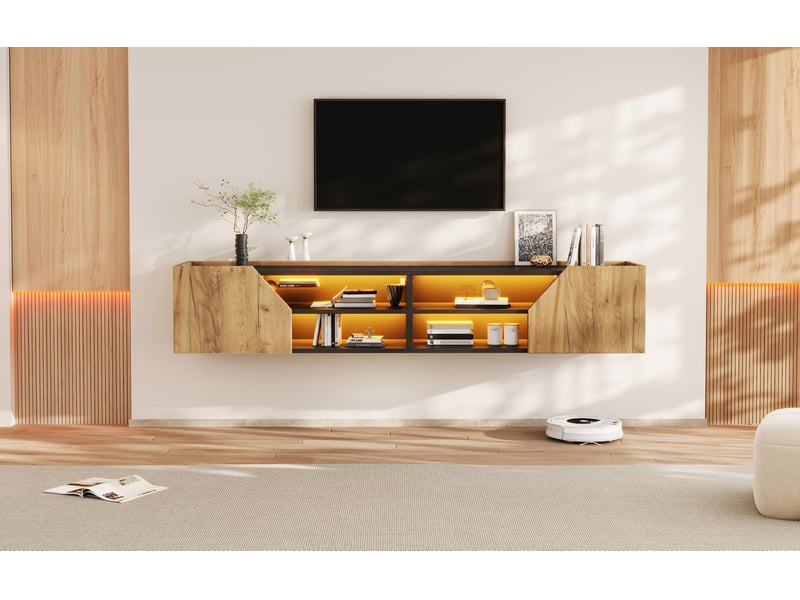 Meuble tv mural noir + ton bois 180 x 36,5 x 40 cm avec led bluetooth, 2 portes, jusqu'à 75 pouces - Conforama E