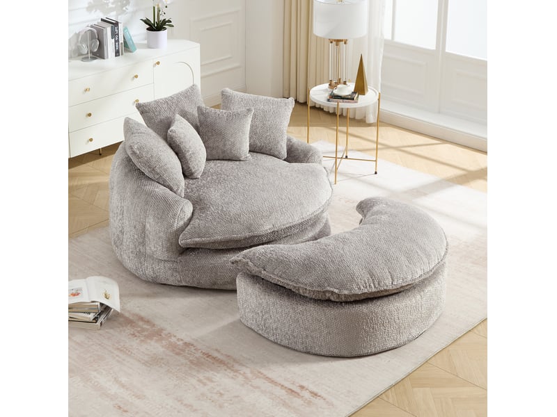 Fauteuil rond surdimensionné 138x190.5x63 cm, dossier large, coussins inclus, mousse dense, polyester, gris clair - Conforama D