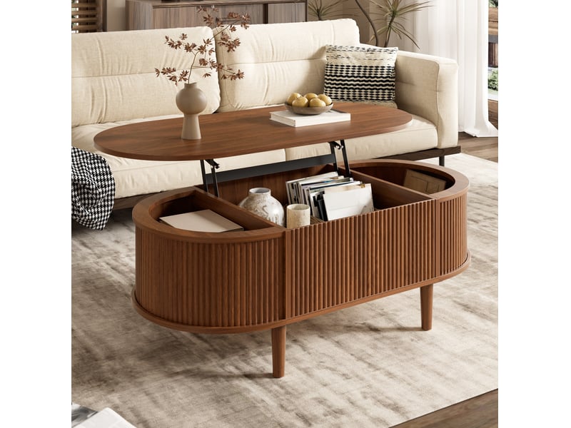  Table basse ovale relevable 100x48x54,5 cm, design vague, rangement, en mdf, style moderne, table de salon, noyer  - Conforama B