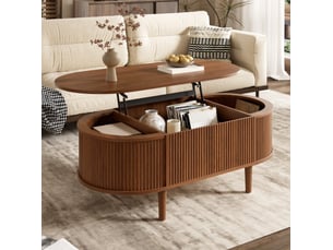 Table basse ovale relevable 100x48x54,5 cm, design vague, rangement, en mdf, style moderne, table de salon, noyer