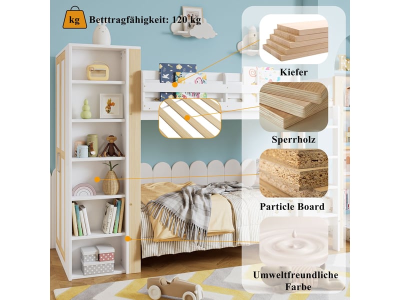  Lit superposé90x200cm - avec armoire et escalier de rangement blanc - lit superposé enfant - garde-corps sécurité - avec échelle  - Conforama D