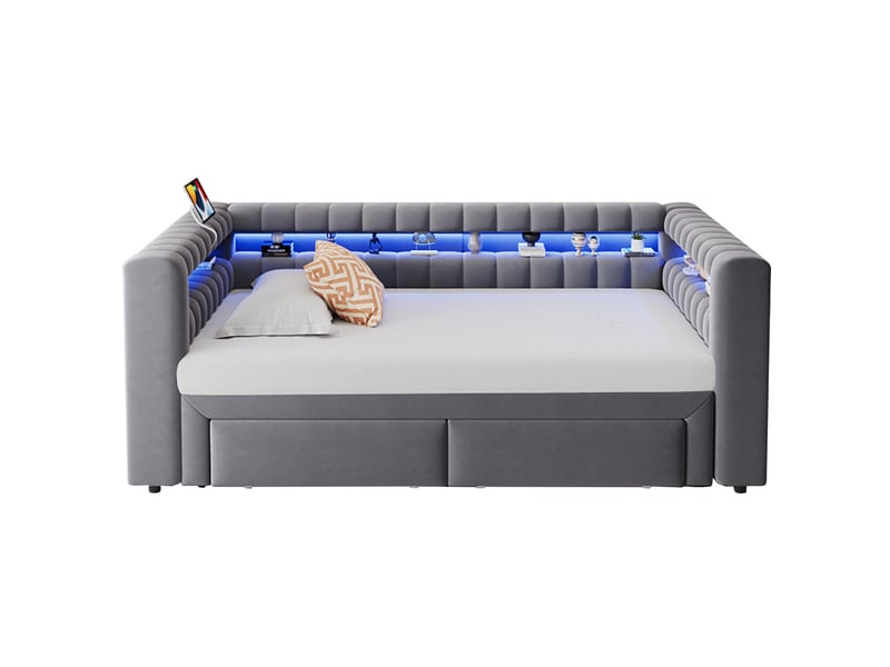  Lit banquette extensible 90x190180x190 avec tiroirs, led et usb evryae  - Conforama C