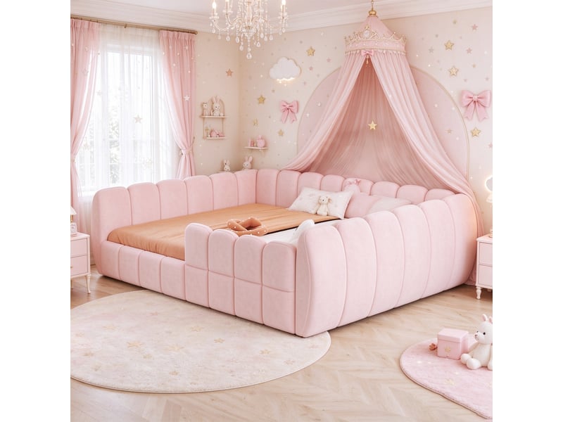  Lit au sol enfant 140x200 cm rembourré en velours, barrières de protection intégrales et angles arrondis, pour chambre d’enfant - rose  - Conforama E