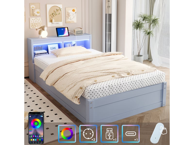  Canapé-lit 90x200 cm, lit enfant, couchage d'appoint, rangement hydraulique, led, prise intégrée, bois gris  - Conforama W