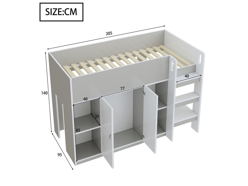 Lit mezzanine 90x200cm avec rangement, armoire, étagères et échelle - lit enfant - barrières de sécurité - gris et blanc - Conforama C