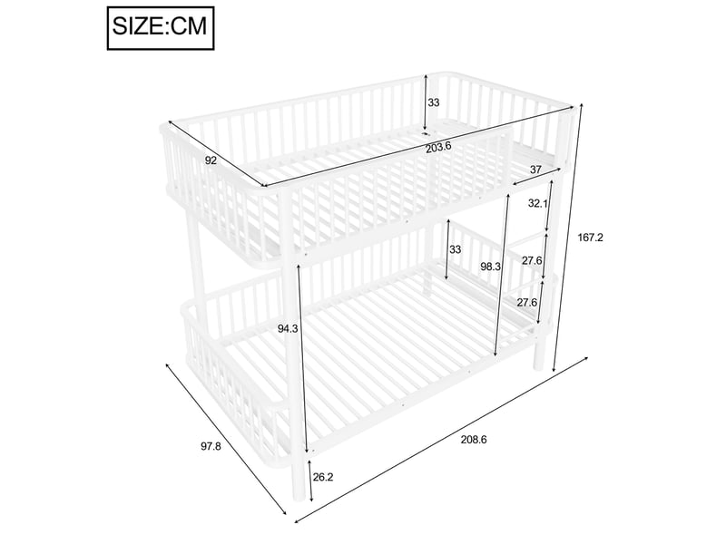  Lit superposé enfant 90x200 cm blanc en métal avec angles arrondis, barrières et pieds surélevés Fay Lum - Conforama C