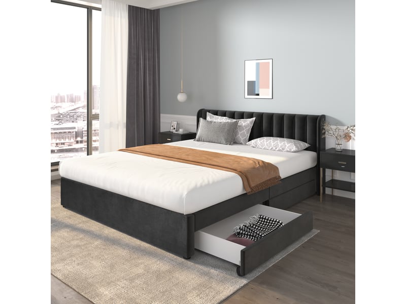  Lit double 180×200 cm avec dossier et 2 tiroirs, lit adulte avec sommier à lattes, velours, cadre de lit 2 personnes en noir  - Conforama C