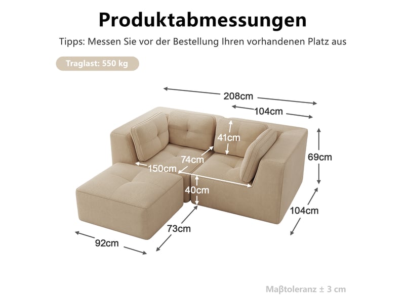 Canapé d’angle modulable 2 places velours côtelé beige – 208 x 177 x 69 cm Fay Lum - Conforama C