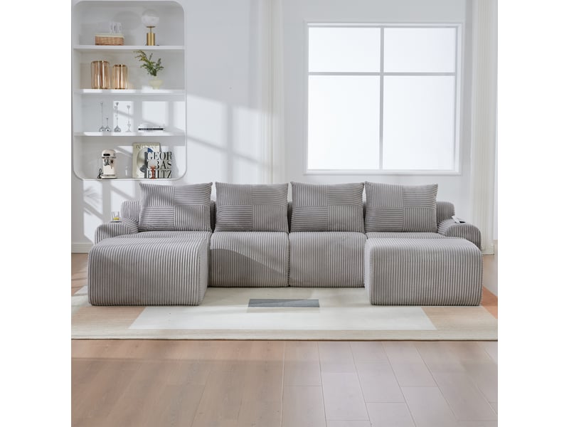  Canapé droit 4 places en velours côtelé gris clair, 333 cm, avec rangement W2845S00266 - Conforama B