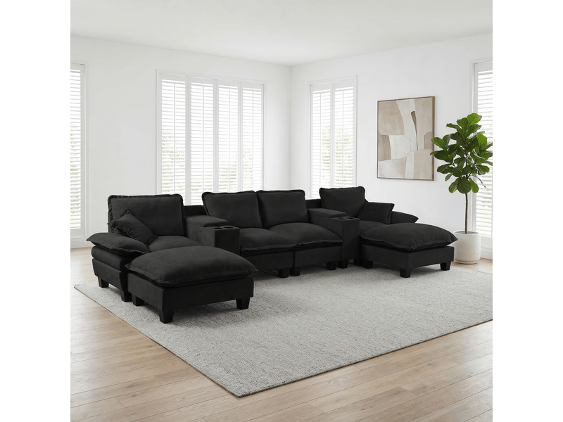  Canapé modulaire en u - noir - revêtement en chenille - 2 consoles de rangement - porte-gobelets 392x151x90cm - Conforama A