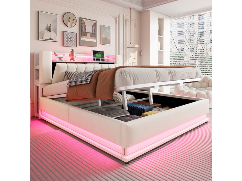 Lit double rembourré 180 × 200 cm avec éclairage led, ports usb, rangement hydraulique, revêtement velours beige et cadre métallique - Conforama C