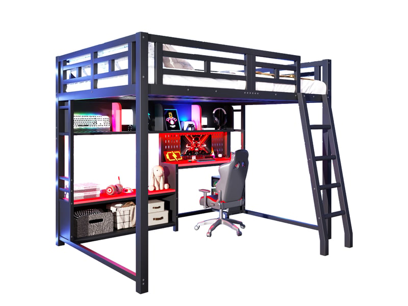  Lit mezzanine 140x200 cm, en mdf et métal noir, équipé de led, de bureau et de rangements, sans matelas  - Conforama A