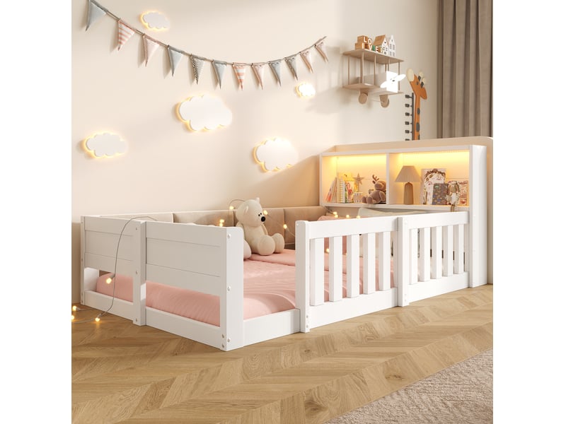  Lit enfant 90 × 200 cm 1 place avec barrières, led réglable et rangements, sans matelas, blanc en panneaux bois  - Conforama C
