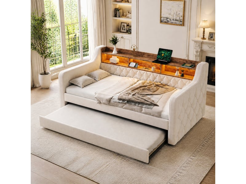  Lit gigogne 90x190 cm avec rangement, led et usb-c bois beige sans matelas  - Conforama B