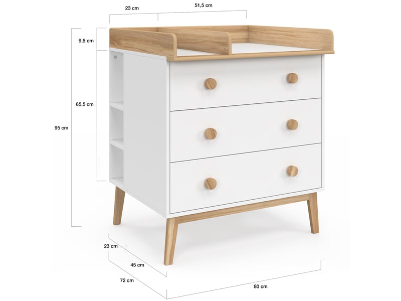  Commode à langer jacob blanc et bois 3 tiroirs, table à langer amovible et 2 étagères  - Conforama E