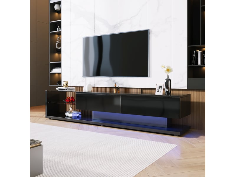  Meuble tv modenvie bas noir brillant 170 x 36 x 38 cm avec led et 2 tiroirs  - Conforama E