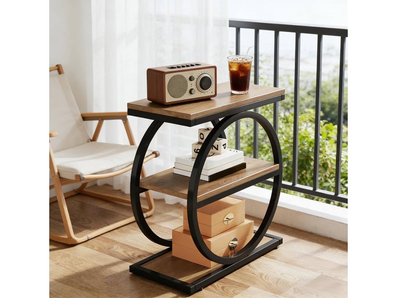  Table d'appoint 3 niveaux avec 3 étagères de rangement style industriel pour salon en mdf et métal noir et brun  - Conforama E