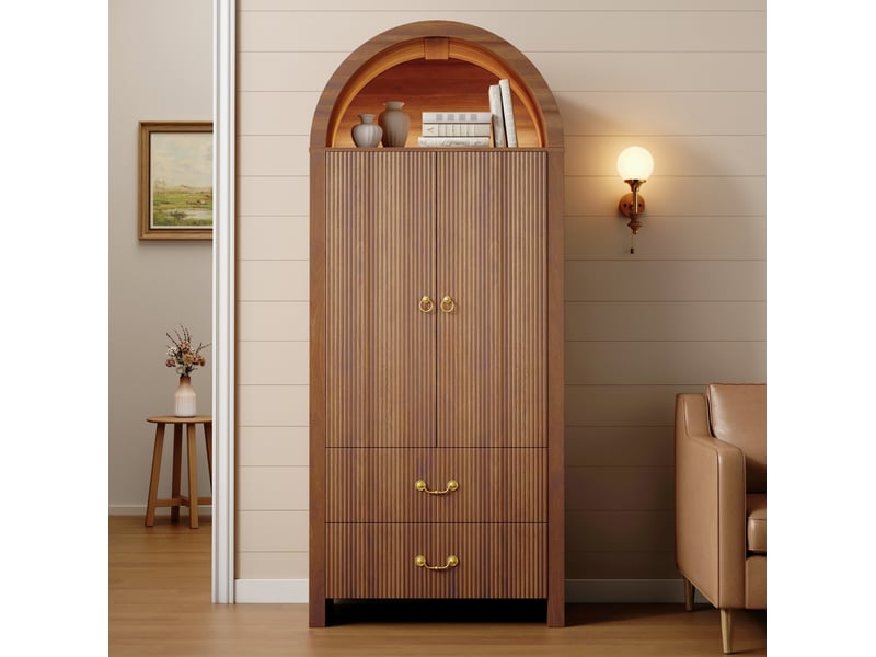 Buffet haut modenvie avec niche arquée led pilotée par application 76 x 38 x 180 cm noyer - Conforama D