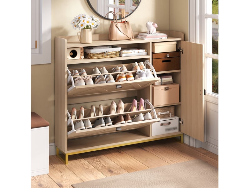  Meuble à chaussures 110x24x100 cm avec portes abattantes en mdf, coloris naturel  - Conforama B