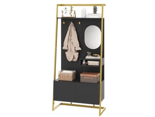 Kompaktgarderobe noire - meuble d'entrée ouvert minimaliste avec miroir, porte à double battant et banc à chaussures