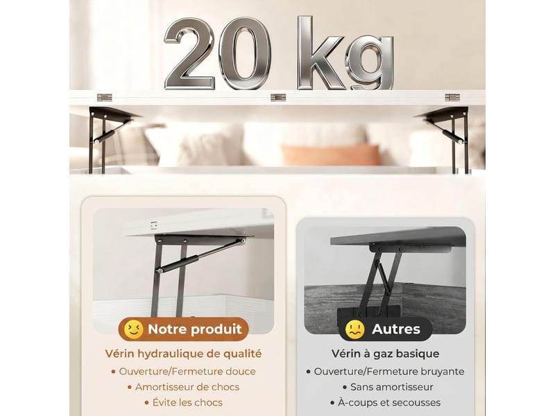  Table basse relevable et extensible table de salon avec compartiment caché étagère ouverte 100x45x50,5cm blanc  - Conforama R