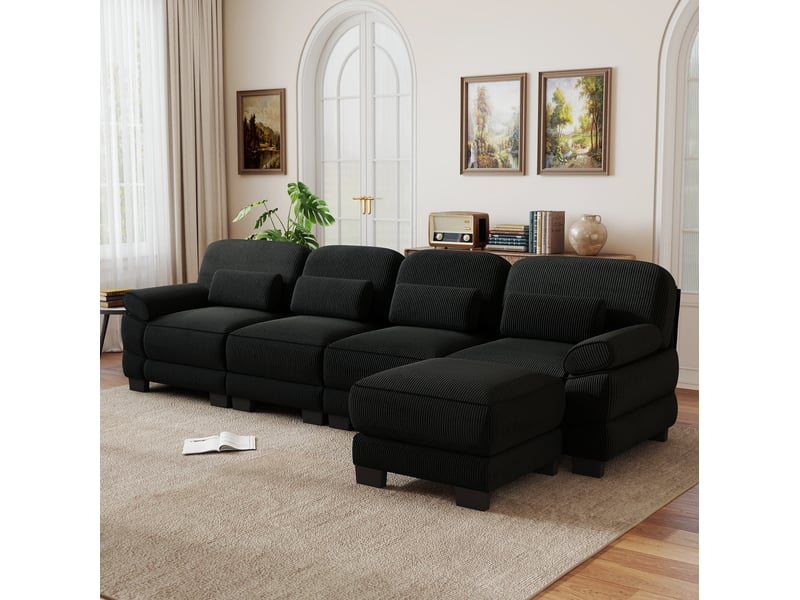  Canapé modulaire en l 4 places 336x161x94 cm, design ergonomique, assise profonde, avec pouf, en velours côtelé, noir  - Conforama B