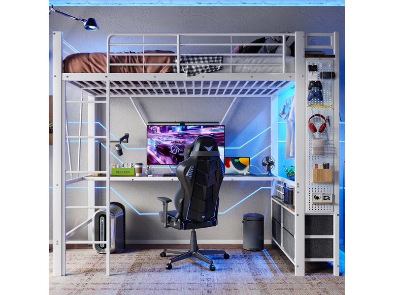  Lit mezzanine 90 x 200 cm avec bureau, rangements, led et prise usb, blanc  - Conforama E