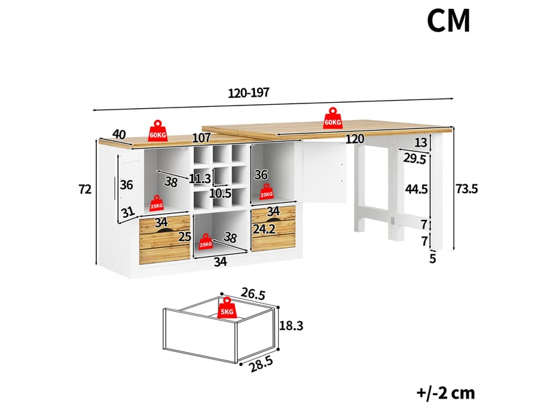 Îlot de cuisine extensible blanc 120-197x40x72 cm, buffet salon avec 2 portes et 2 tiroirs, casier à vin, table à manger - Conforama C