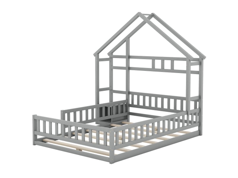  Lit enfant 140x200 cm, avec tête de lit en forme de maison et 1 table de chevet, en bois, gris, sans matelas  - Conforama E