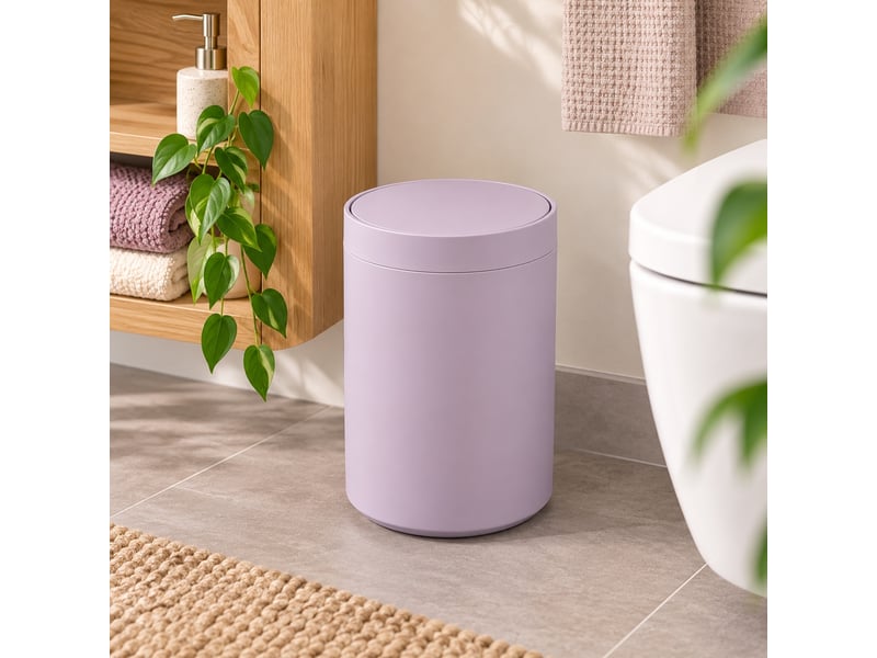  Poubelle ronde de salle de bain à couvercle basculant en polypropylène finition mate, capacité 5l,coloris mauve-gris - longueur 18 x profondeur 18 x hauteur 27 cm  - Conforama B