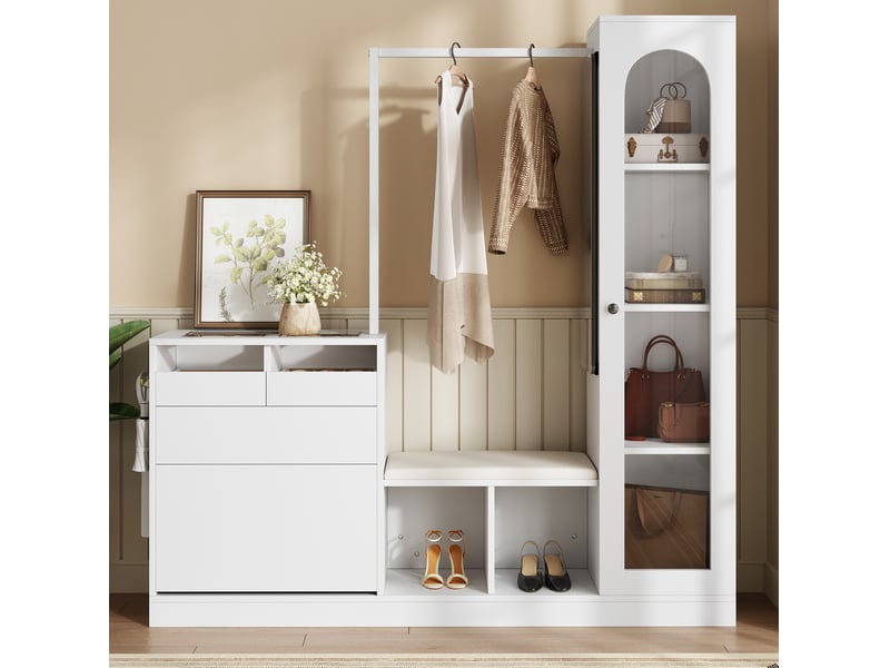 Ensemble d'entrée 163x35x161 cm avec led, vitrine, meuble à chaussures et miroir, aggloméré, pour salon, chambre, blanc - Conforama D