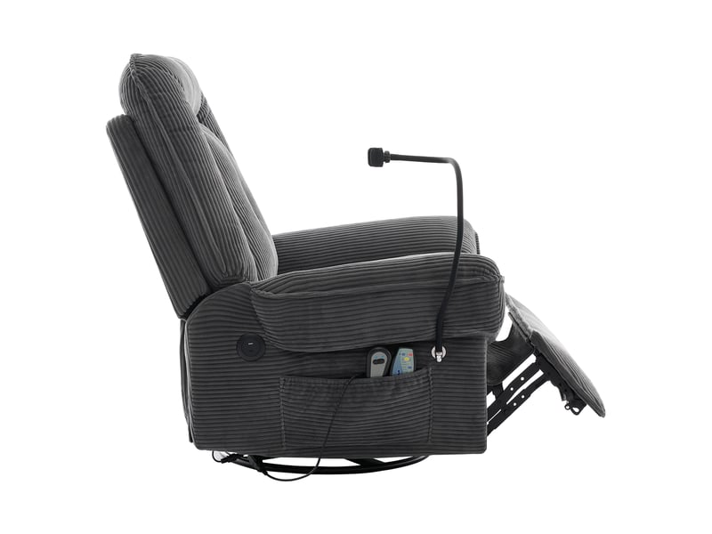  Fauteuil de relaxation électrique massant gris en velours côtelé avec chauffage, rotation 360° et usb  - Conforama A