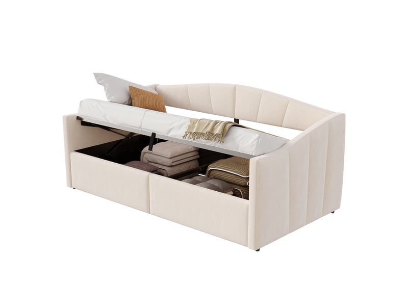  Lit banquette 90 x 200 cm beige en velours rayé avec coffre hydraulique, accoudoirs, dossier rembourré, sommier à lattes, gain de place  - Conforama A