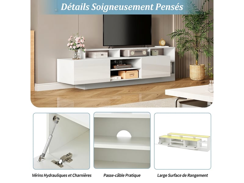  Meuble tv 190 cm blanc brillant avec led pour tv jusqu'à 70 pouces, 2 portes abattantes et rangement ouvert  - Conforama D