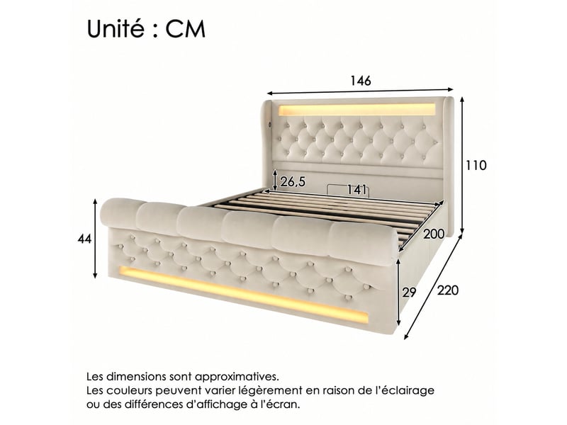 Lit coffre 140x200 avec matelas inclus, led, usb-c, velours beige - Conforama C