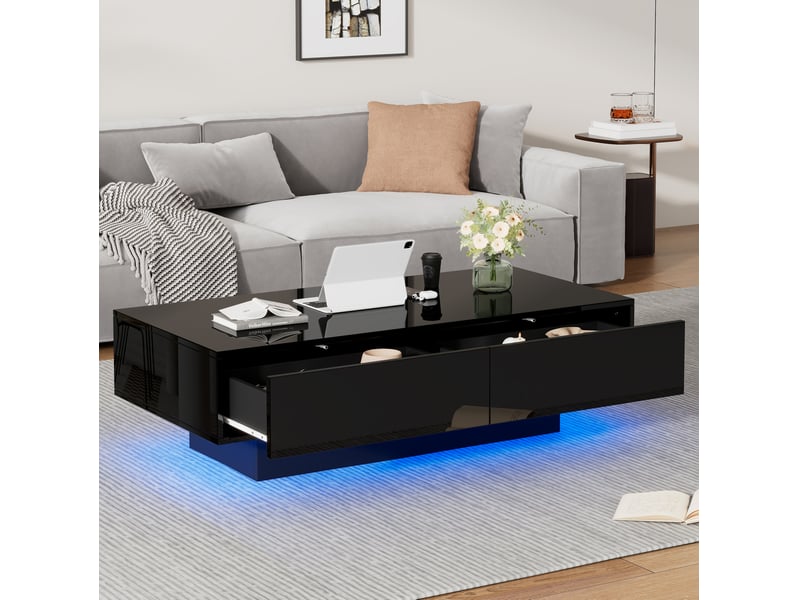  Table basse 115x55x34 cm avec 2 tiroirs et éclairage led, panneau de particules noir  - Conforama C